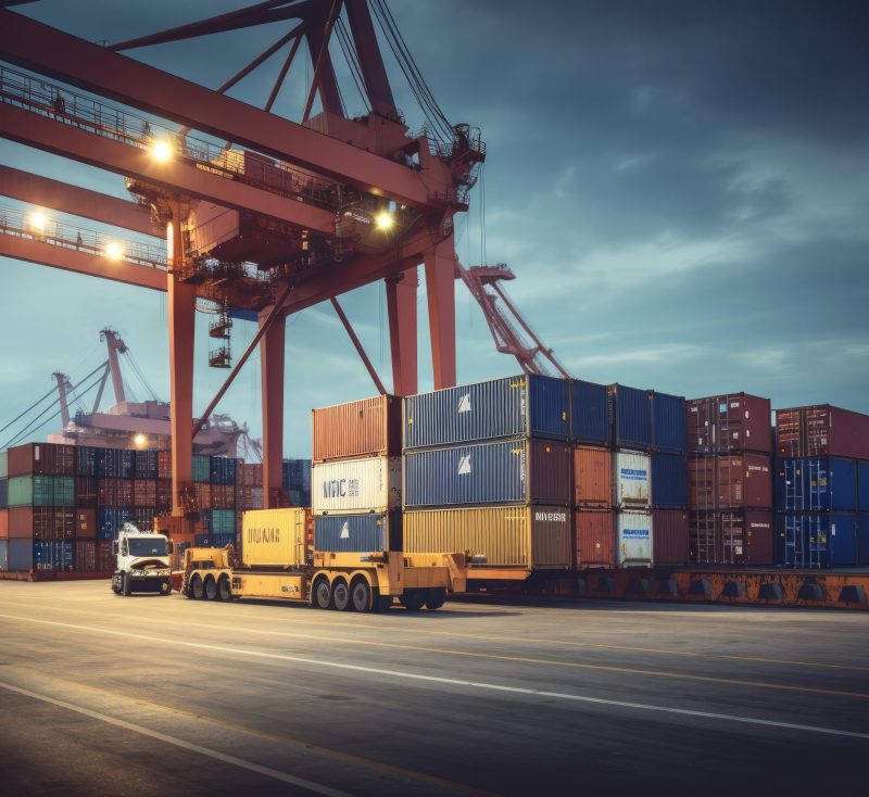 Logistics and transportation of Container Cargo ship and Cargo plane with working crane bridge in shipyard at sunrise, logistic import export and transport industry background.